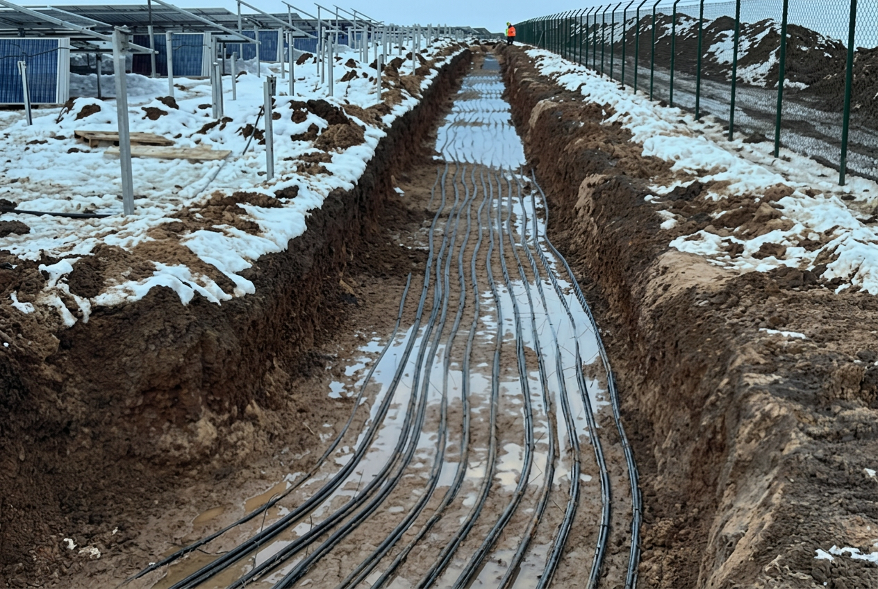 Kabelgraben im Winter mit verlegten Kabeln und Schnee