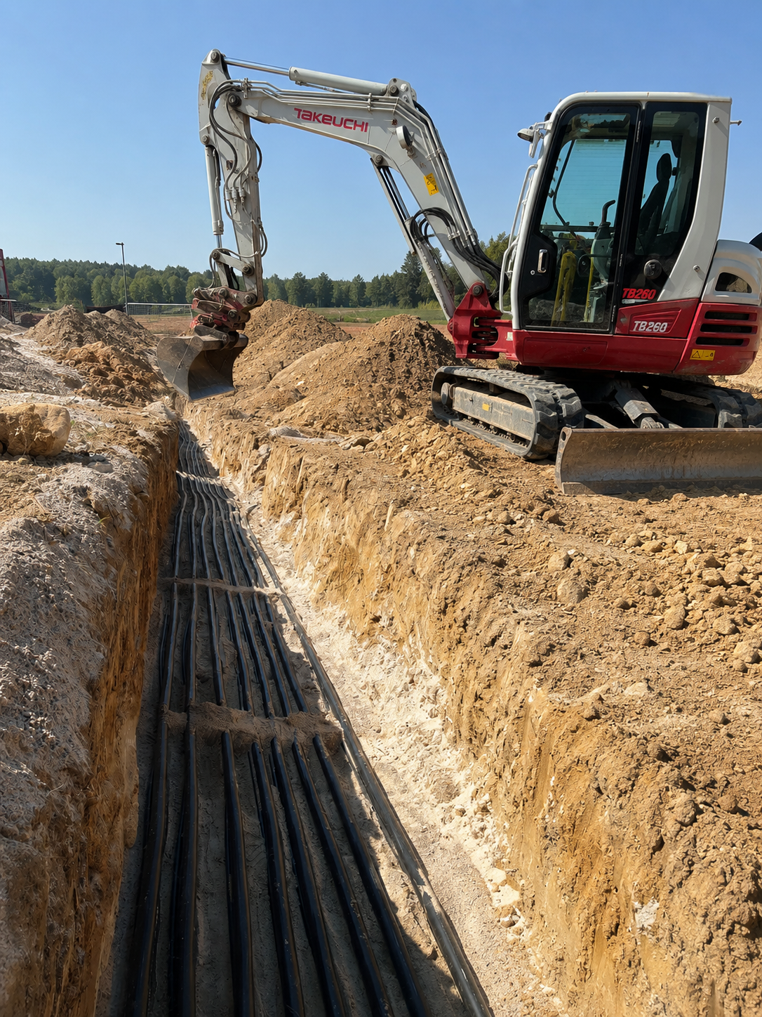 Kabeltiefbau Baustelle mit Bagger und Kabeln