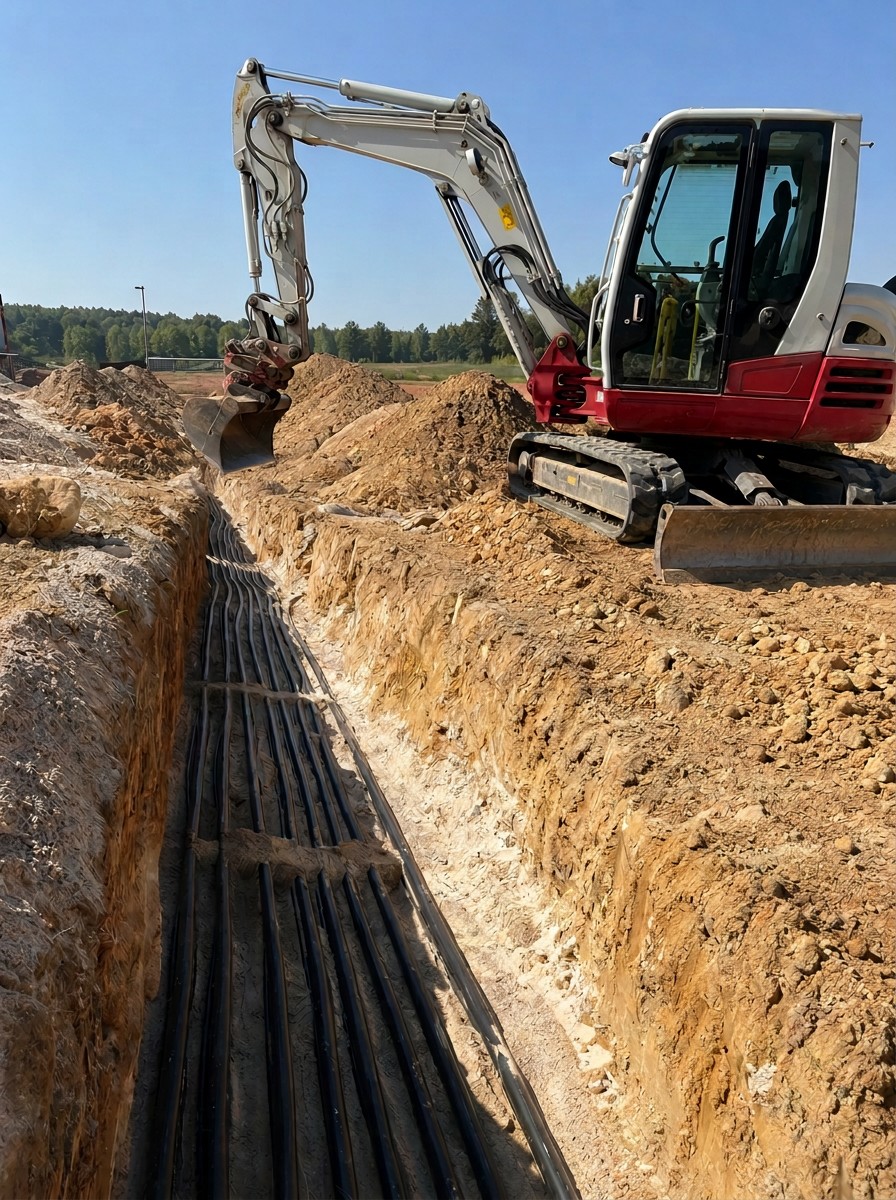 Kabeltiefbau Baustelle mit Bagger und Kabeln